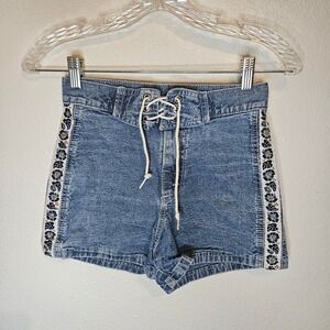 Lee Pipes Kids Denim Shorts Blue‎ Lace Up Floral Trim